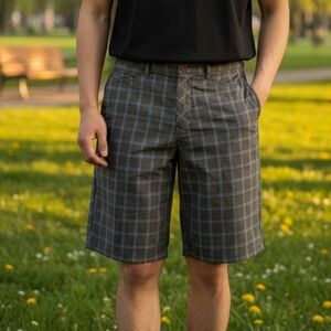HURLEY | Brown Blue Plaid Men's Walking Shorts Four Pockets Logo Belt Loops | 30